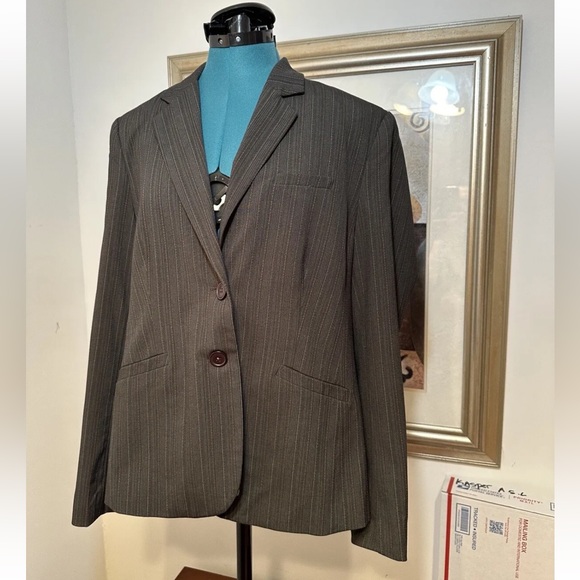 Script Women’s Brown Pinstripe Lined Stretch Blazer Jacket Size 14 - Picture 3 of 9
